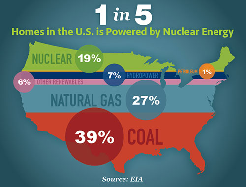 1 in 5 Homes in the US Runs on Nuclear Power: 19% Nuclear, 1% Petroleum, 7% Hydropower, 6% Other Renewables, 27% Natural Gas, and 39% Coal